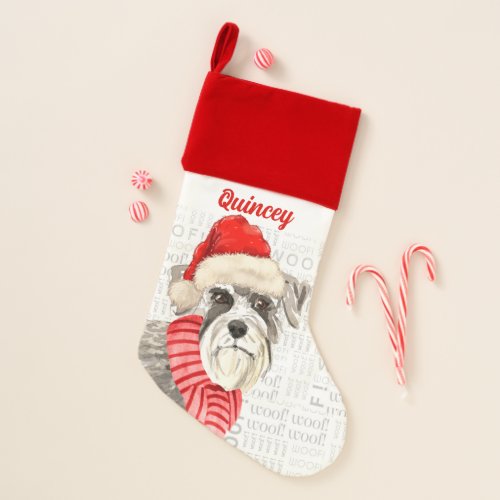 Holiday Schnauzer Dog with Name Christmas Stocking