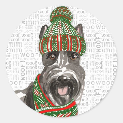 Holiday Scottie Dog and Woof Art Christmas Classic Round Sticker