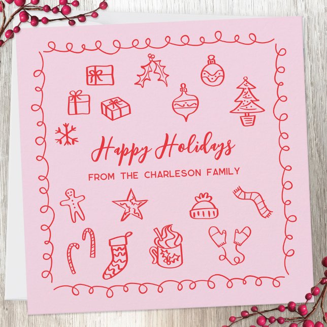 Holiday Scribble Doodle Red and Pink Card (Fun scribble doodle personalized Christmas holiday card)