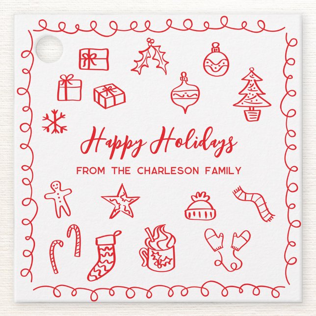 Holiday Scribble Illustration Doodle Red Gift Tag (Personalized red and white hand drawn scribble doodle Christmas holiday gift tag)
