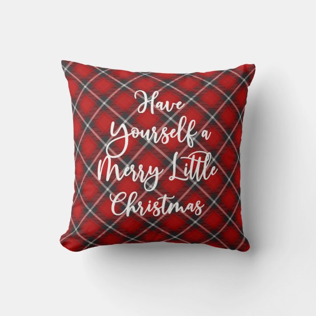 Holiday Script Black Merry Christmas Plaid Throw Pillow (Front)