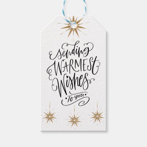 Holiday Script Gold Stars Warmest Wishes Gift Tags