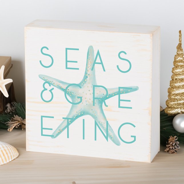 Holiday Seas & Greeting Teal Watercolour Starfish Wooden Box Sign (Holiday Seas & Greeting Teal Watercolour Starfish Wooden Box Sign)