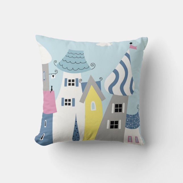 Holiday Seaside Town Buildings Colorful Throw Pillow (Front)
