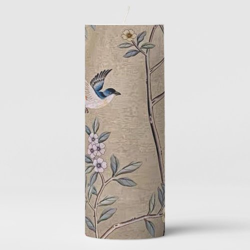 Holiday Season Golden Garden with Song Birds Pillar Candle