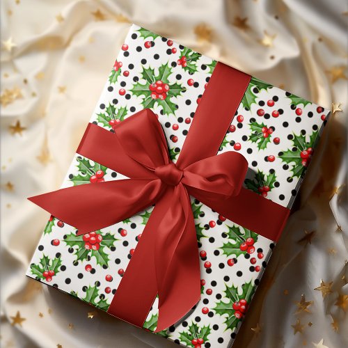 Holiday Season Green Holly Leaves and Red Berries Wrapping Paper