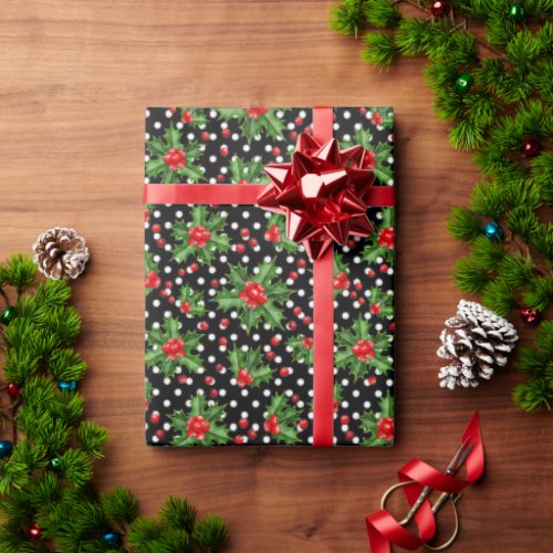Holiday Season Green Holly Leaves and Red Berries Wrapping Paper