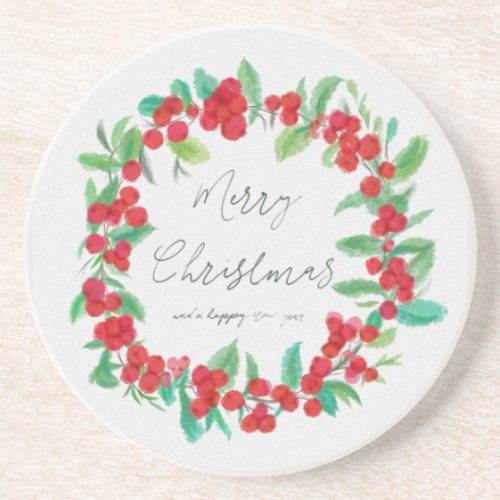 holiday season marry Christmas wreath berries garl Coaster