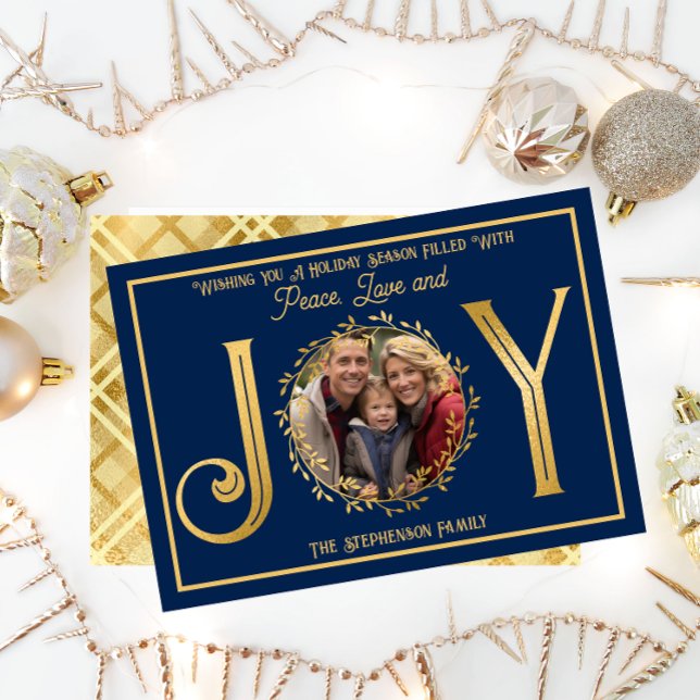 Holiday Season Wishing You Peace Love and Joy Card ("Wishing You A Season ... Peace Love and Joy" Faux Foil Photo Blue Christmas Holiday Flat Card )