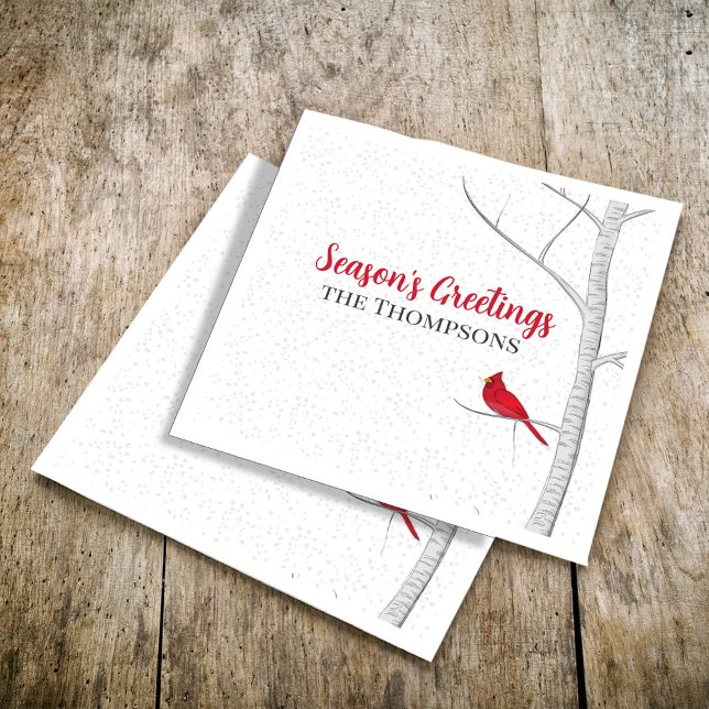 Holiday Season's Greeting Red Cardinal Birch Tree Napkins (Holiday red cardinal and birch tree holiday party paper napkin. )