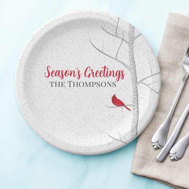 Holiday Season's Greeting Red Cardinal Birch Tree Paper Plates (Season's Greetings custom paper plate with botanical red cardinal.)