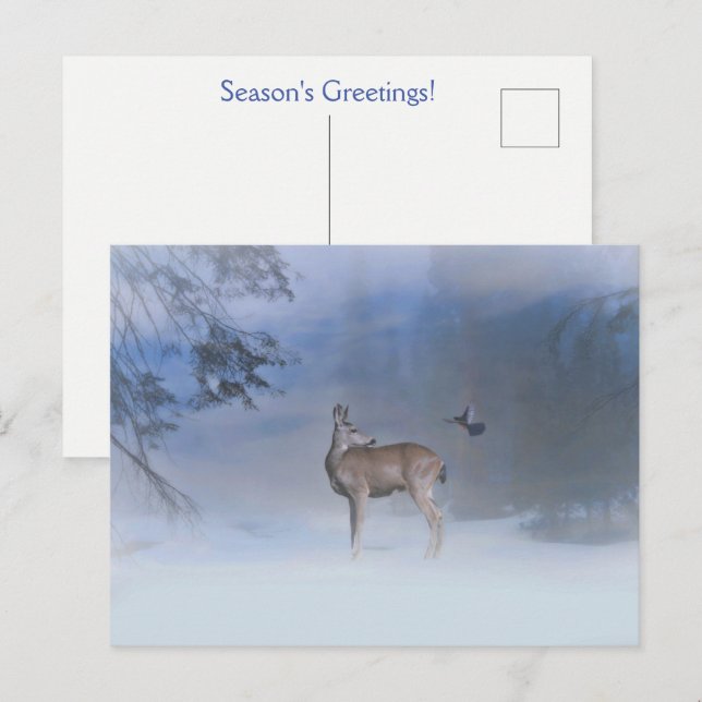 Holiday Seasons Greetings Blue Bird Deer Postcard (Front/Back)