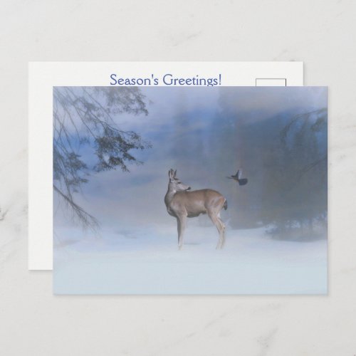 Holiday Seasons Greetings Blue Bird Deer Postcard