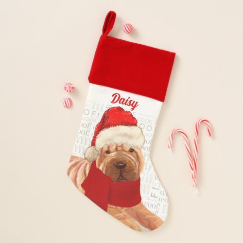 Holiday Shar Pei Dog with Name Christmas Stocking