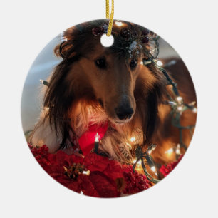Holiday sheltie ceramic ornament