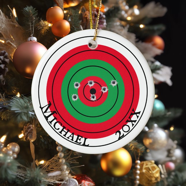 Holiday Shooting Target Gun Shooter Monogram Ceramic Ornament (Creator Uploaded)