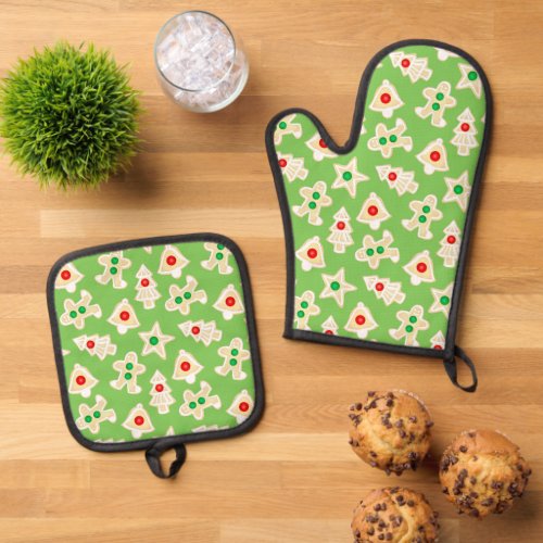 Holiday Shortbread Cookies Green Christmas Oven Mitt  Pot Holder Set