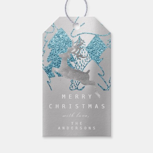 Holiday Silver Blue Gray Christmas Trees Reindeer Gift Tags