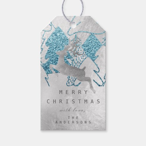 Holiday Silver Blue Grey Christmas Trees Reindeer Gift Tags
