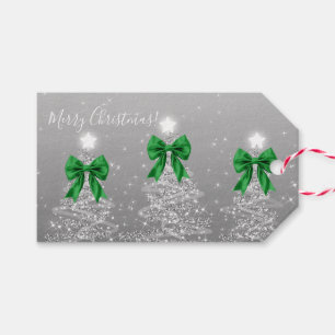 Holiday Silver Christmas Trees Green Bows Gift Tags