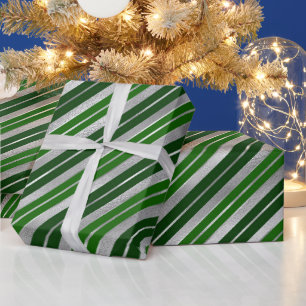 Holiday Silver Foil and Green Christmas Stripes Wrapping Paper