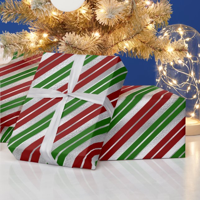 Holiday Silver Foil, Green & Red Christmas Stripes Wrapping Paper (Holidays)