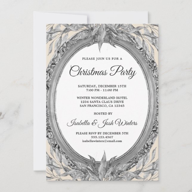 Holiday Silver Gray Leaves Wreath Christmas Party Invitation (Front)