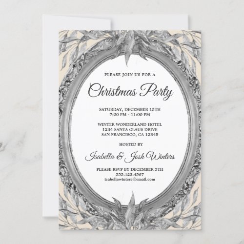 Holiday Silver Gray Leaves Wreath Christmas Party Invitation