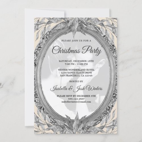 Holiday Silver Leaves Wreath Photo Christmas Party Invitation