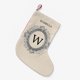 Holiday Silvery Leaves Wreath Monogram Small Christmas Stocking