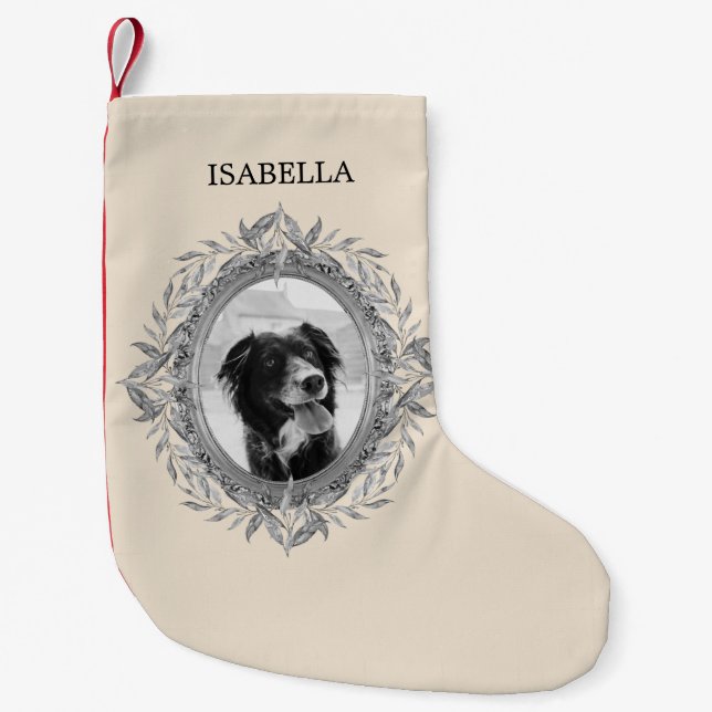 Holiday Silvery Leaves Wreath Photo Small Christmas Stocking (Front)