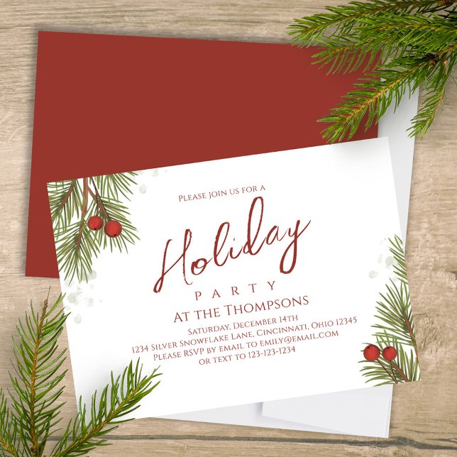 Holiday Simple Calligraphy Script Greenery Berries Invitation (Elegant silver and pine branches greenery holiday Christmas party invitation. )