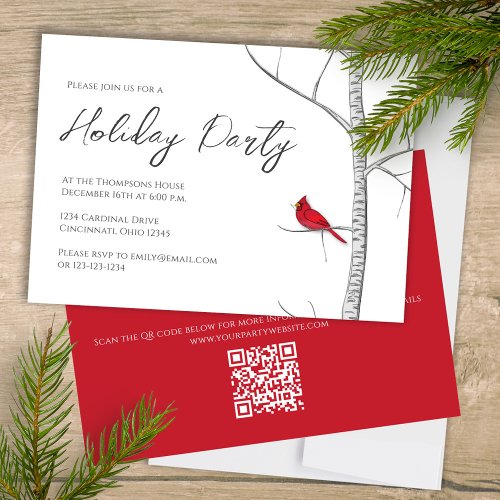 Holiday Simple Red Cardinal Birch Tree QR Code Invitation