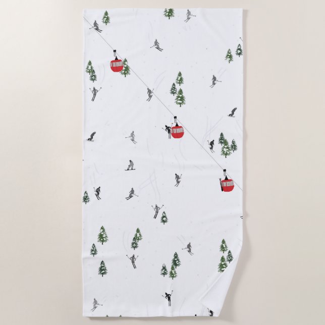 Holiday Skiing Red Ski Lift Illustration Beach Towel (Front)