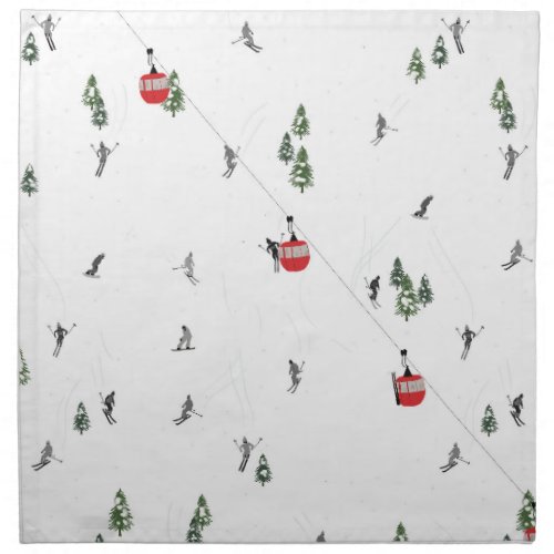 Holiday Skiing Red Ski Lift Illustration Cloth Napkin