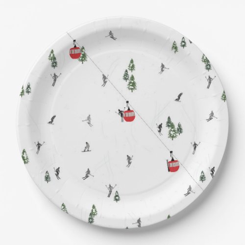 Holiday Skiing Red Ski Lift Illustration Paper Plates