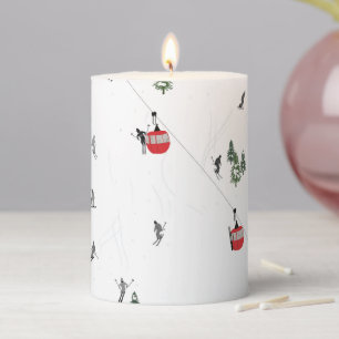 Holiday Skiing Red Ski Lift Illustration Pillar Candle