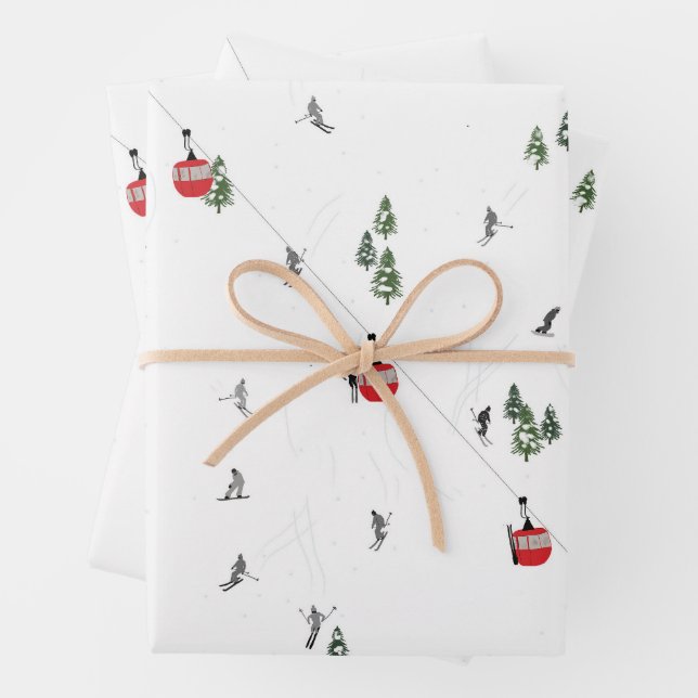 Holiday Skiing Red Ski Lift Illustration Wrapping Paper Sheets (In situ)