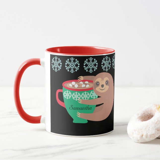 Holiday Sloth Personalized Black Red Mug (With Donut)