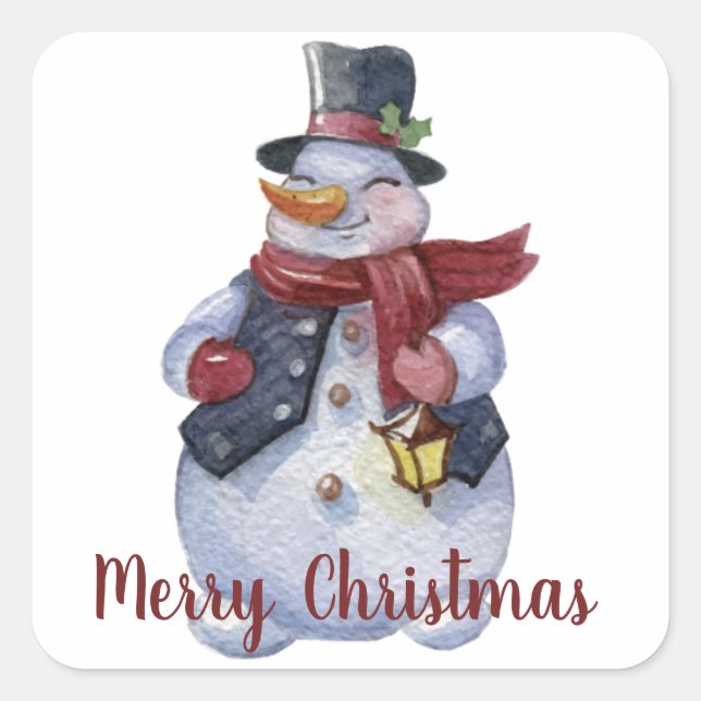Holiday Smiling Snowman Customizable Square Sticker (Front)
