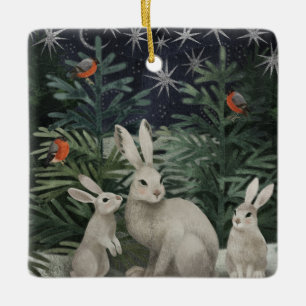 Holiday Snow Bunnies, Personalized Ceramic Ornament