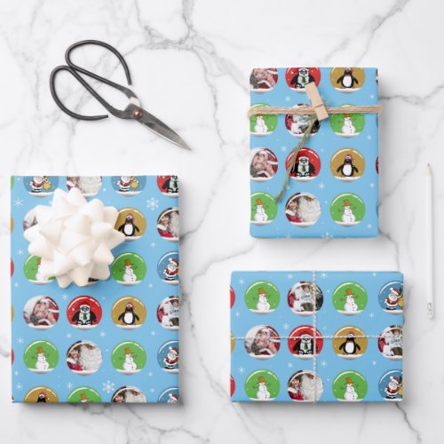 Holiday Snow Globe Custom Three Photo Template Wrapping Paper Sheets