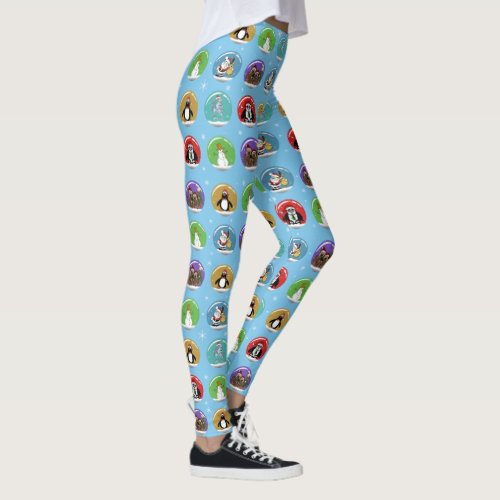 Holiday Snow Globes Leggings - Cute cartoon Christmas Panda, Holiday Penguin, Seasonal Snowman, Teddy Bear Family, Santa and his Reindeer Snow globe design leggings.