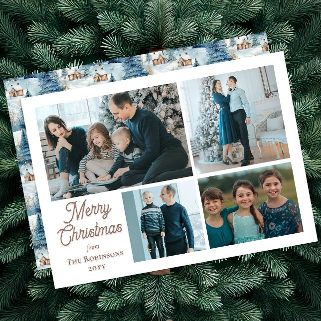 Holiday Snow Village Merry Christmas 4 Photo Letterpress Photo Cards (Holiday Snow Village "Merry Christmas" 4-Photo Letterpress Photo Cards - Copper Color Ink)