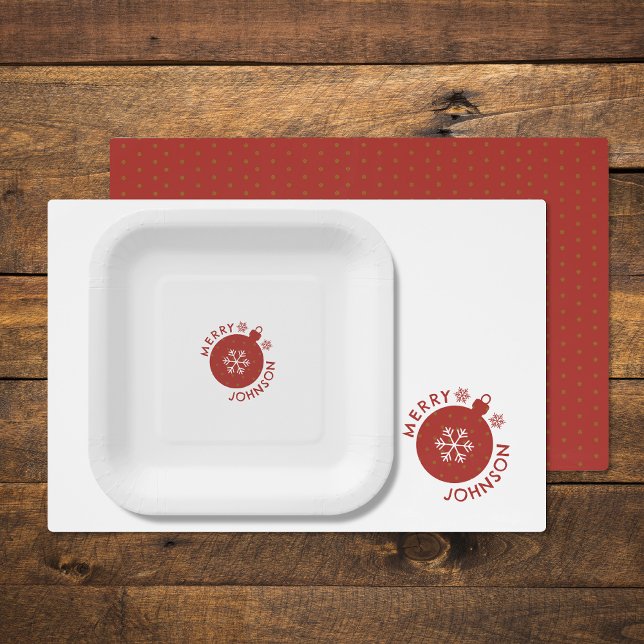 Holiday Snowflake Add Your Name Text Placemat (The front and back of the Holiday snowflake placemat with matching paper plate)