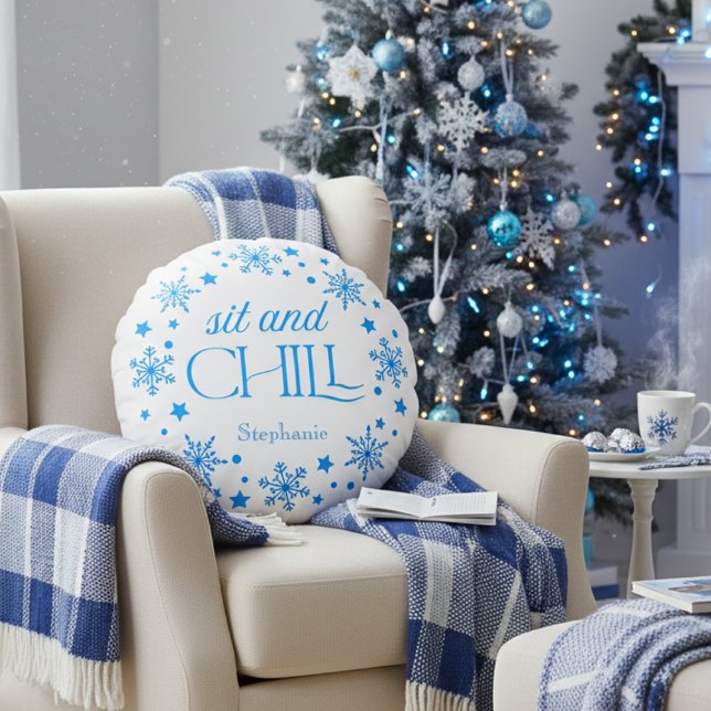 Holiday Snowflake Round Pillow (Blue Holiday Snowflake personalized pillow)