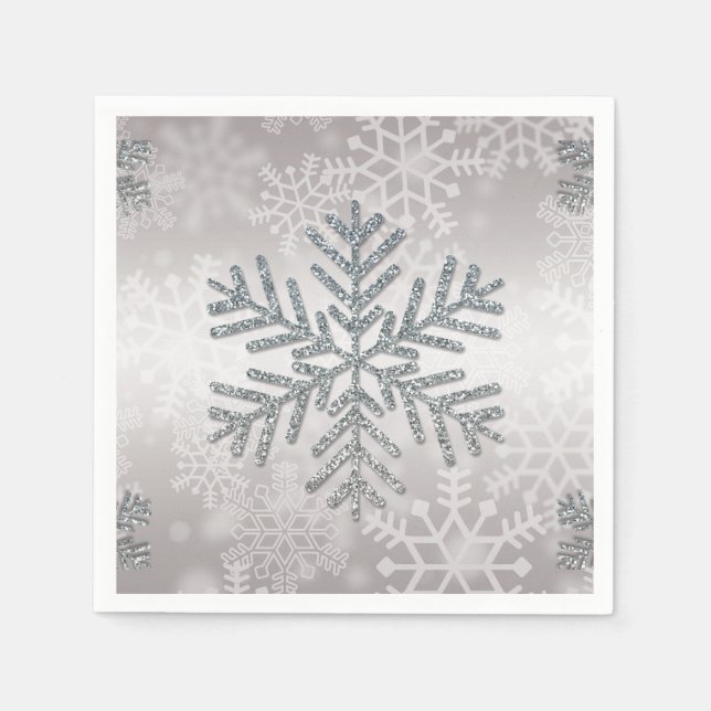 Holiday Snowflake with Silver Glitter Paper Napkins (Front)