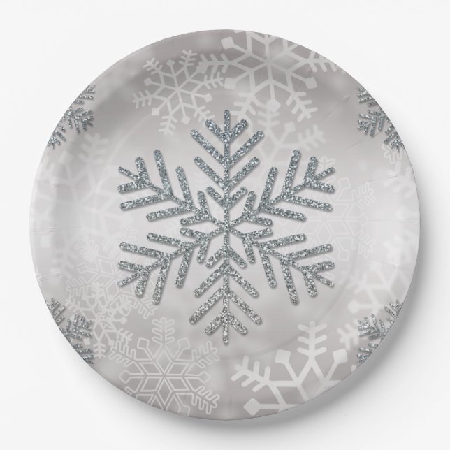 Holiday Snowflake with Silver Glitter Paper Plates (Front)