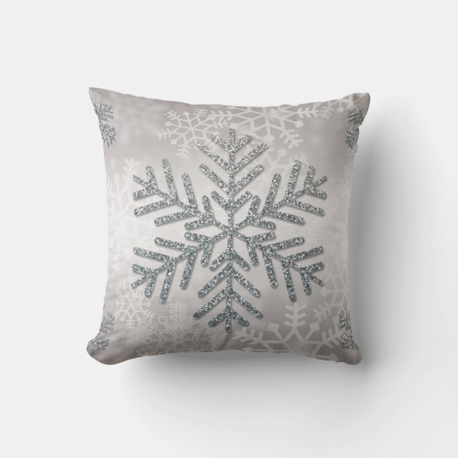 Holiday Snowflake with Silver Glitter Throw Pillow (Front)