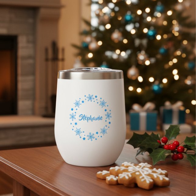 Holiday Snowflake Wreath Thermal Wine Tumbler (Blue snowflake wine tumbler)